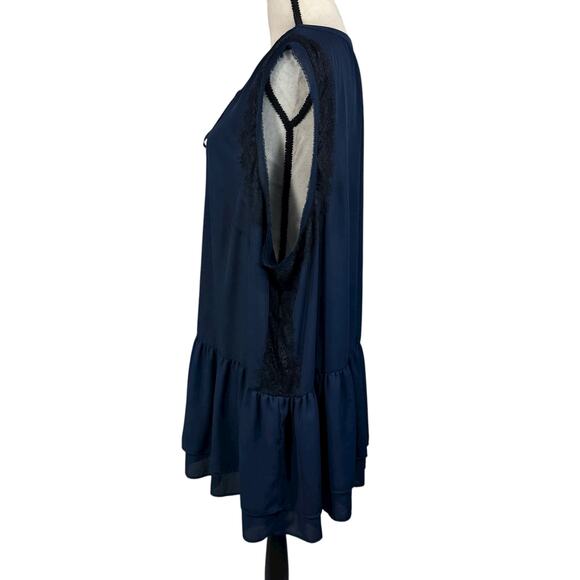 Lane Bryant SZ 28 Tunic Top Sleeveless Ruffled Lace Accent Keyhole V-Neck Navy - Picture 7 of 10